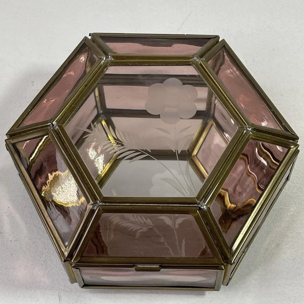 Vintage Purple Glass Jewelry Box Etched Flower Mirrored Brass Base Hexagon